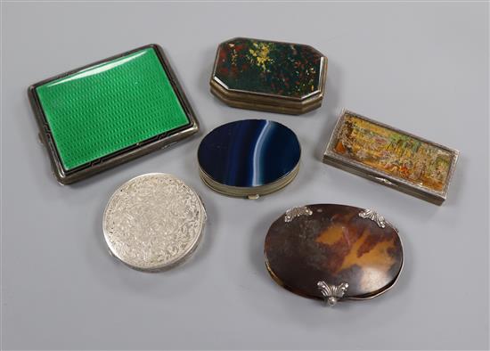 A guilloche enamel and 900 cigarette case, by Kuppenheim, a silver box with lacquered painted top and four other items,